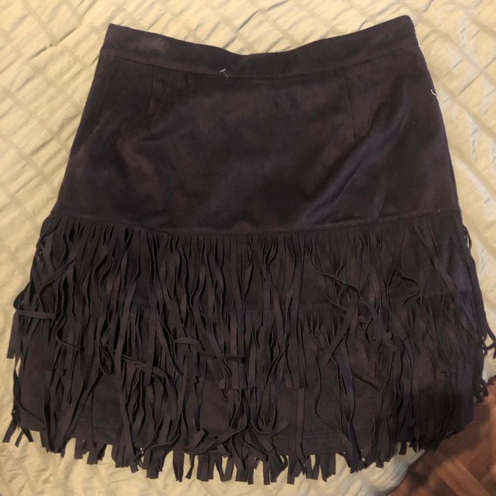 NWT Black faux suede skirt with fringe.